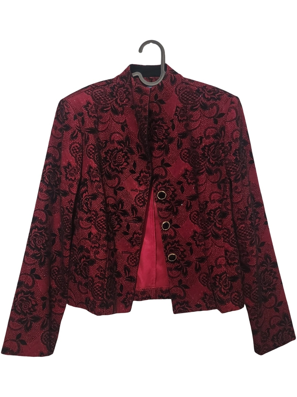 Jessica Howard Red and Black Floral Brocade Blazer